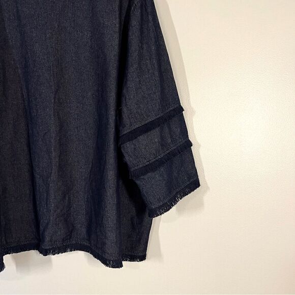 NWOT New C&C California Dark Chambray Denim Color Blouse Too Fringe Accents 3X - Picture 5 of 6
